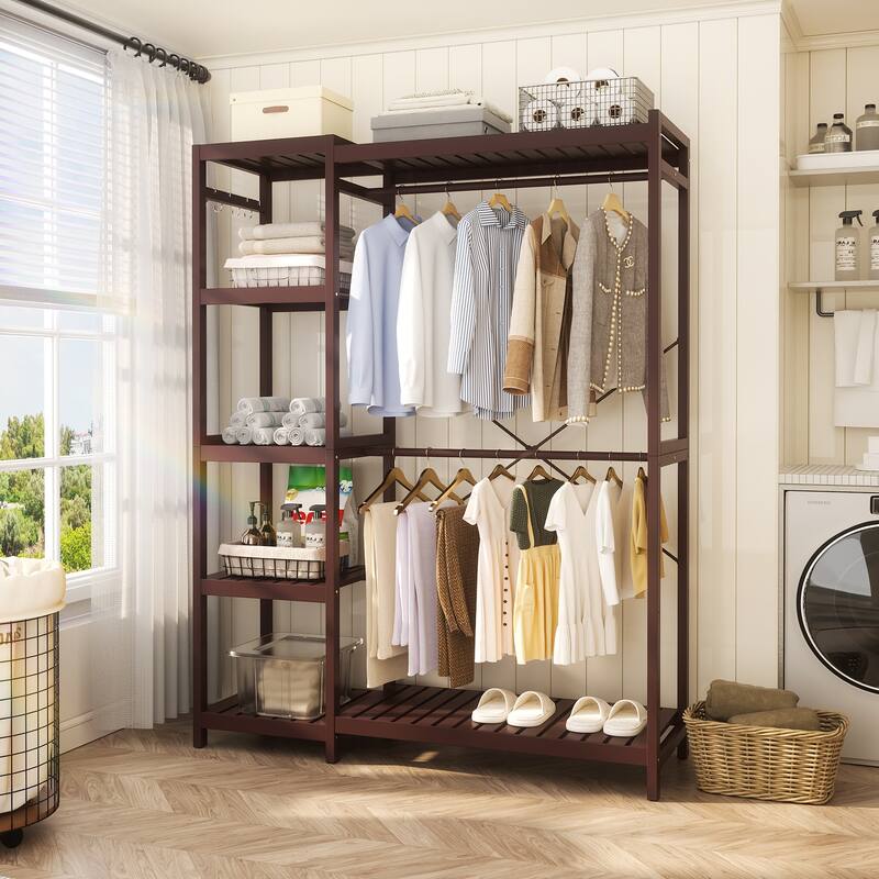 Bamboo Closet System Clothes Rack, Large Freestanding Garment Rack Clothing Rack for Hanging Clothes