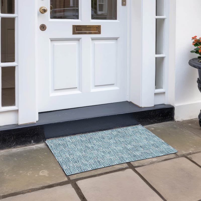 Machine Washable Indoor/ Outdoor Chantille Stripe Blocks Rug - Teal - 1'8" x 2'6"
