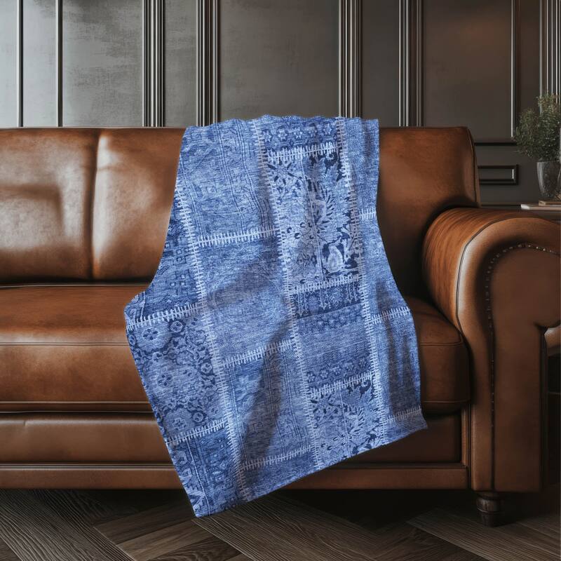 Premium Machine Washable Traditional Patchwork Sherpa Throw Blanket - Navy - 4'2" x 5'10"