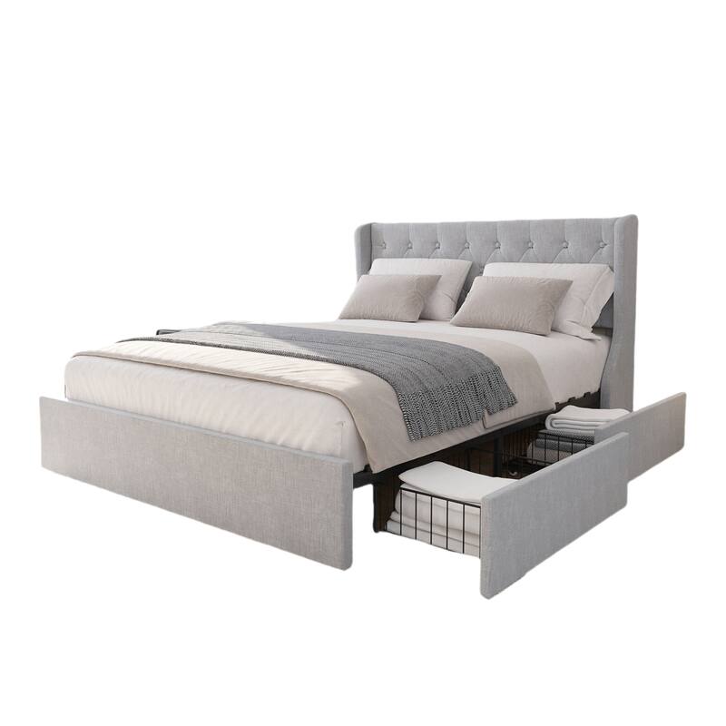 Full/Queen Size Bed Frame with 4 Storage Drawers, Wingback Headboard