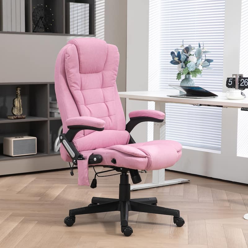 Pink Linen 360° Swivel High Back Office Recliner with Vibration Massage, Lumbar Heating, Adjustable Height