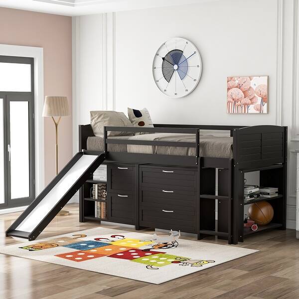 slide 2 of 20, Low Twin Size Loft Bed with Cabinets, Shelves and Slide, Maximized Space Espresso