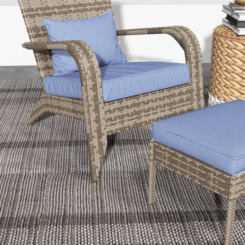 Outdoor Patio Wicker Adirondack Chair with Ottoman, Comfortable High-Back Chair for Deck and Garden