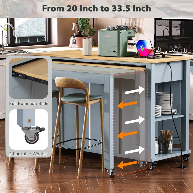 47" Wood Rolling Kitchen Island with Extendable Top,Rack,Power Outlet