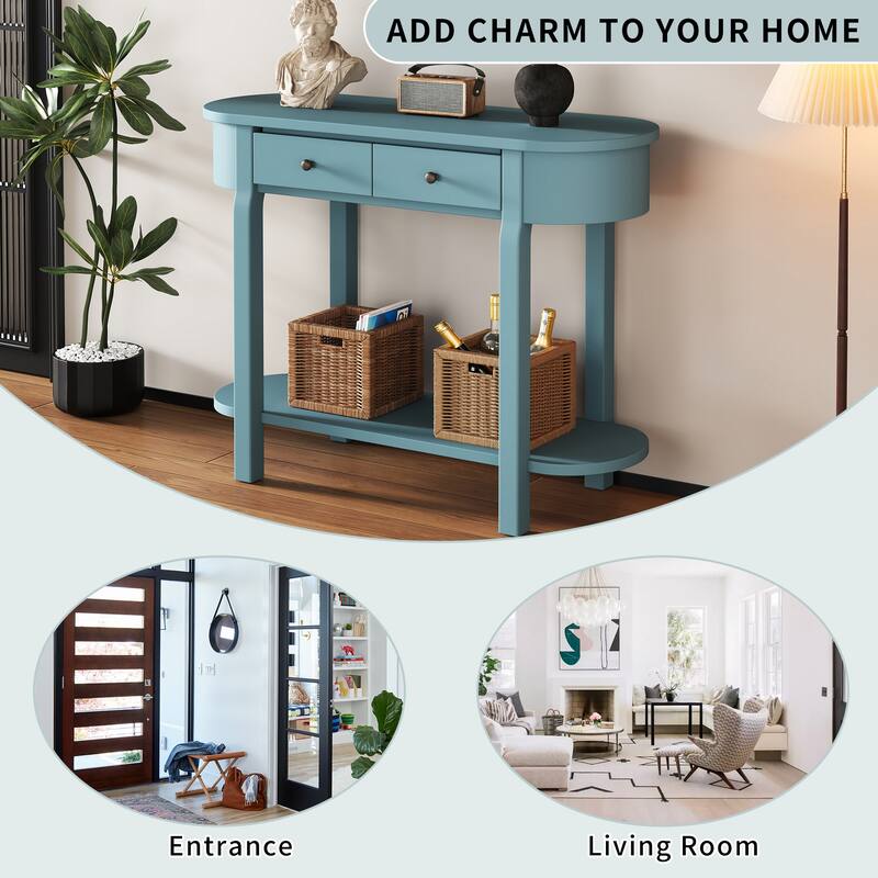 Curved Console Table with 2 Storage Drawers and Metal Handles, Wooden Hallway Tables Entryway Table wOpen Storage Shelf