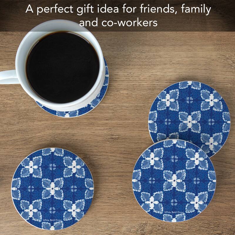 Blue Flower Tile 4 Pack Round Natural Sandstone Coasters with Protective Cork Backing Manufactured in The USA