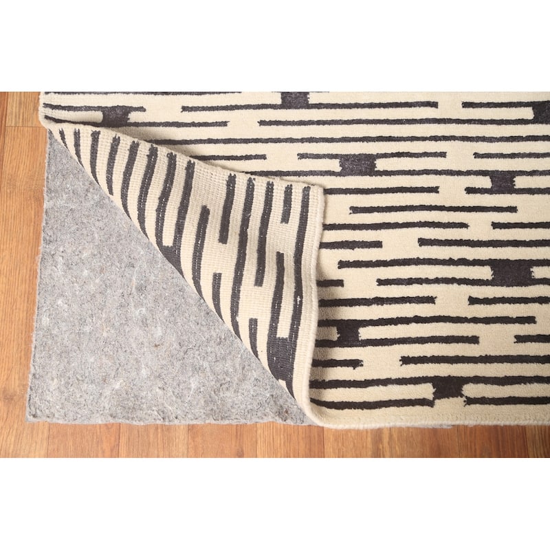 Striped Beige Nepalese Indian Area Rug Hand-Knotted Wool Carpet - 9'0" x 11'8"