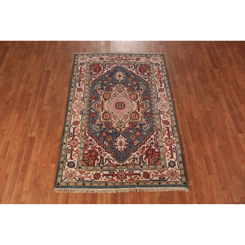 Blue Geometric Heriz Serapi Oriental Rug Hand-Knotted Wool Carpet - 4'0"x 6'1"