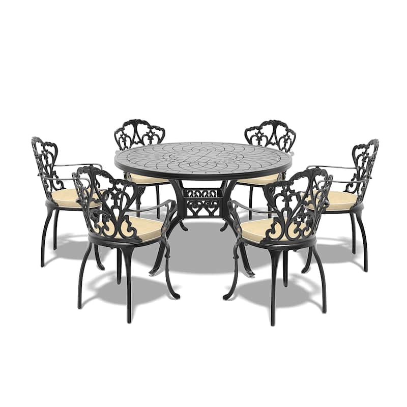 5/7-Piece Cast Aluminum Outdoor Dining Set with 47.24 in. Round Table and Random Color Seat Cushions