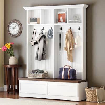 Farmhouse 4-in-1 Hall Tree, Wood Grain Bench, 6 Hooks, 2 Drawers, Entryway Coat & Shoe Organizer, 55.9x15x75.6 in