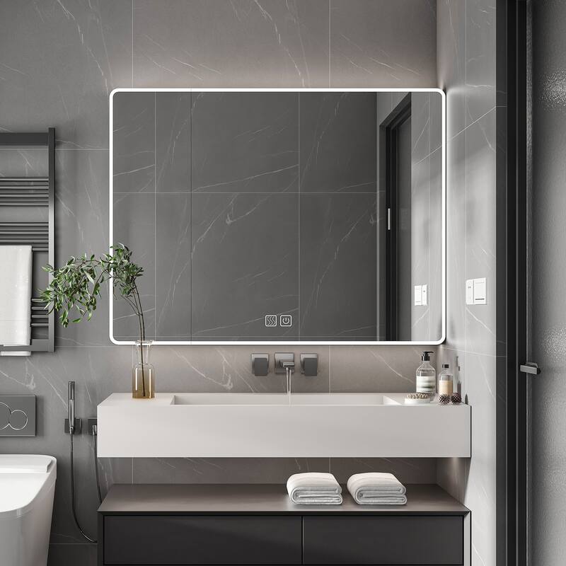 Silver Glass LED Bathroom Medicine Cabinet with Defogger and Shelves - 35.4” W x 5.9" D x 27.6" H