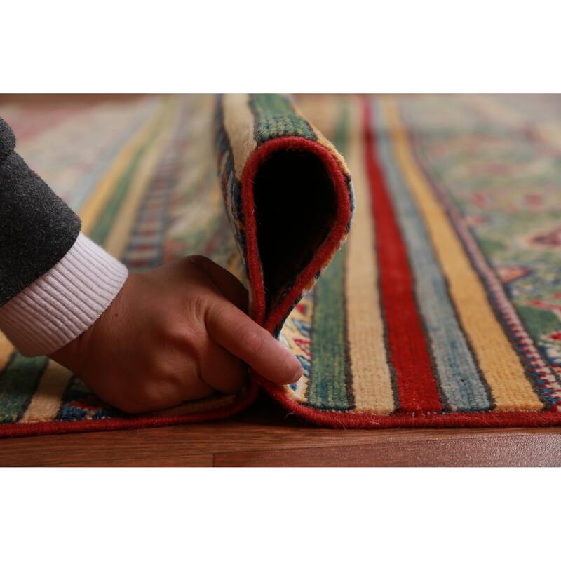 Hand Knotted Oriental 100% Wool Carpet Traditional Geometric Multi-Colored Kazak Area Rug - 11' 3'' X 9' 1''