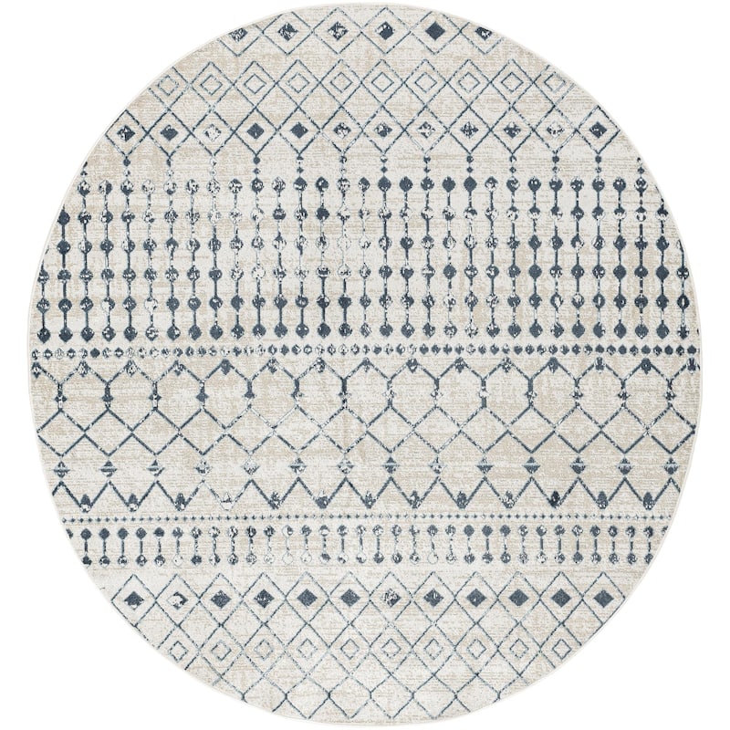 Livabliss Lavadora Bohemian Diamond Washable Area Rug - 6'7" x 6'7" Round - Ink Blue