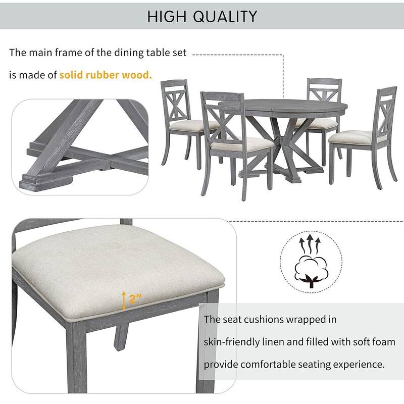 5 PCS Retro Functional Dining Table Set for 4 Extendable Round Table and 4 Upholstered Chairs