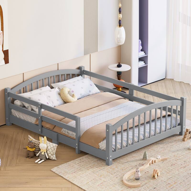 Roomfitters Montessori Floor Bed with Guardrails, Solid Wood Low Platform Bed with Slats, Easy Assembly