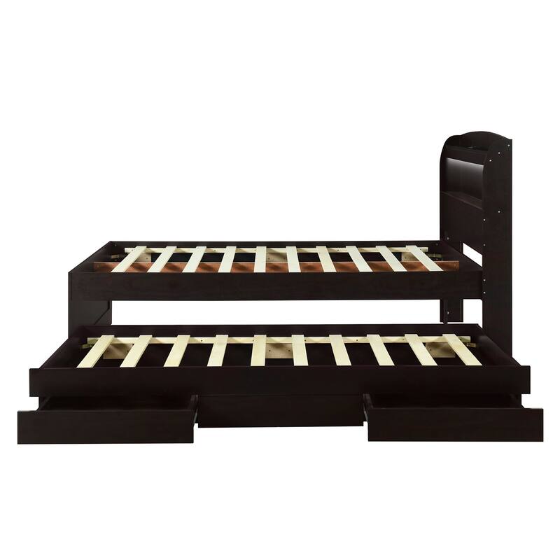 Full XL Size Platform Bed with Storage LED Headboard, Charging Station, Twin Size Trundle, and 2 Drawers