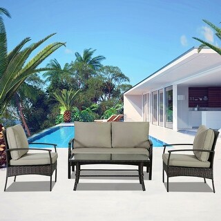 4-Piece Wicker Outdoor Conversation Set with Large Table and Cushions ...