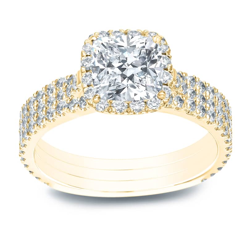 Auriya 2 1/5ctw Cushion-cut Halo Diamond Engagement Ring 3pc Set 14k Gold - Yellow - 5.5
