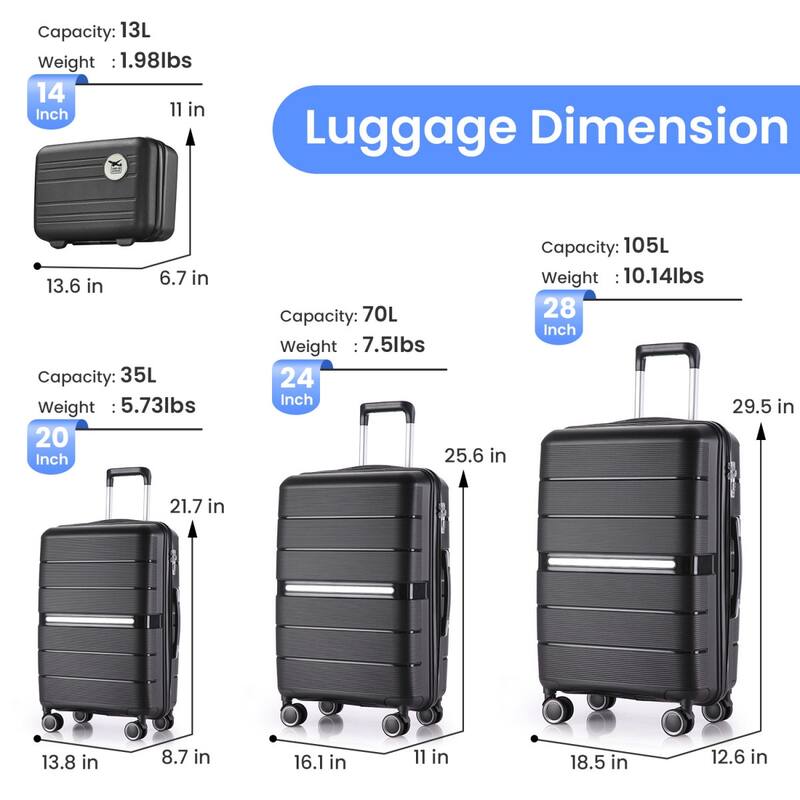 4 Piece Luggage Sets(14/20/24/28), PP Lightweight Expandable Suitcase Set with Spinner Wheels and TSA Lock