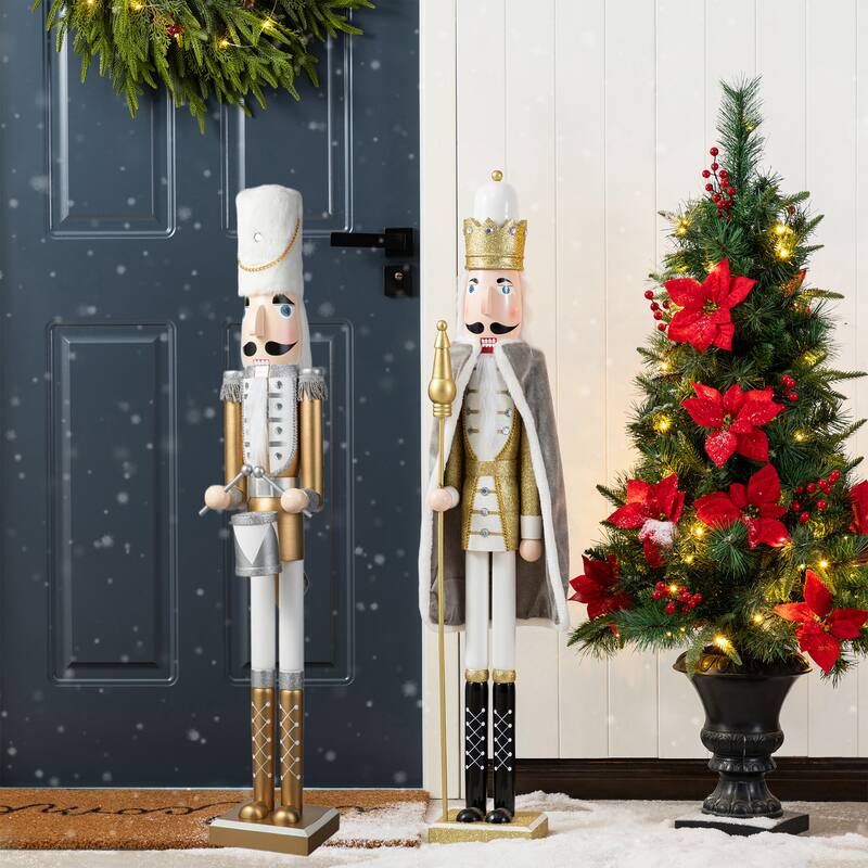 Glitzhome 36"H/42"H Wooden Christmas Deluxe Gold King Soldier Nutcracker - 42"H King & Soldier