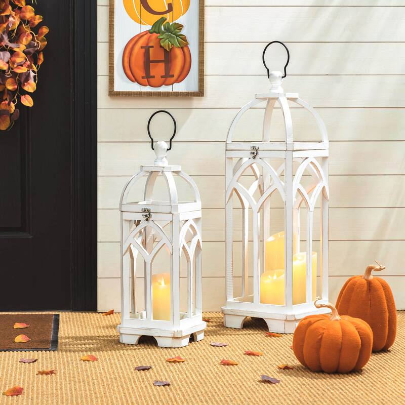 Glitzhome Set of 2 Wooden Church Style Fall Decorative Lanterns Candle Holders - Wash White