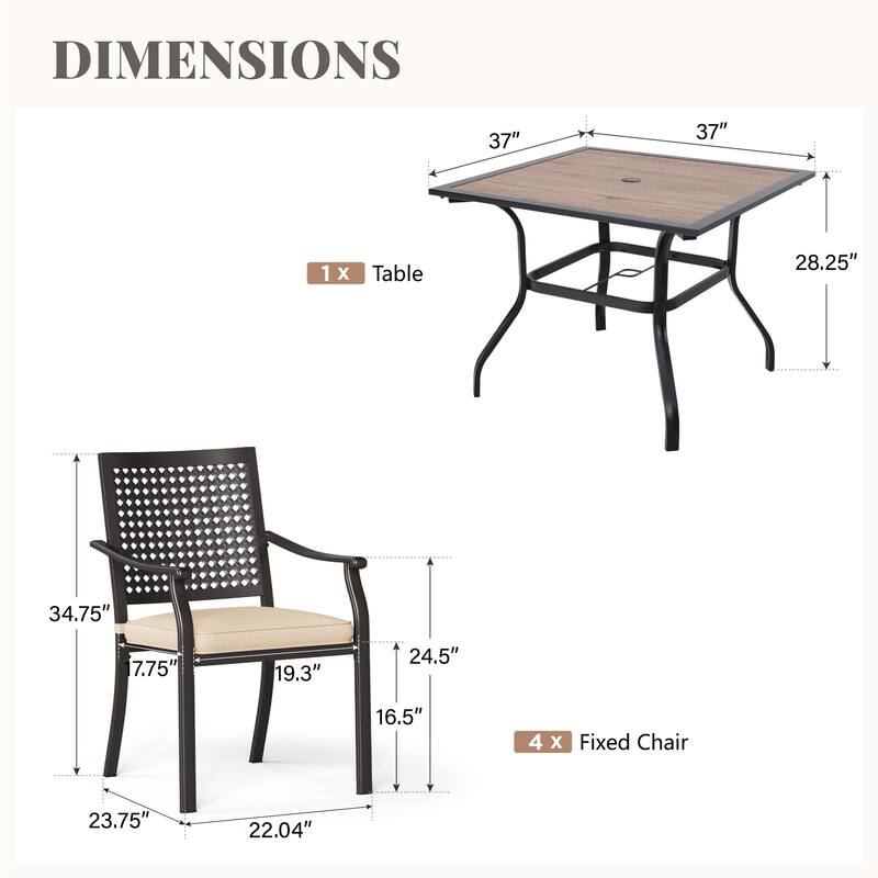 5-Piece Patio E-coating Dining Set of 4 Stackable Chairs & 1 Umbrella Hole Metal Table