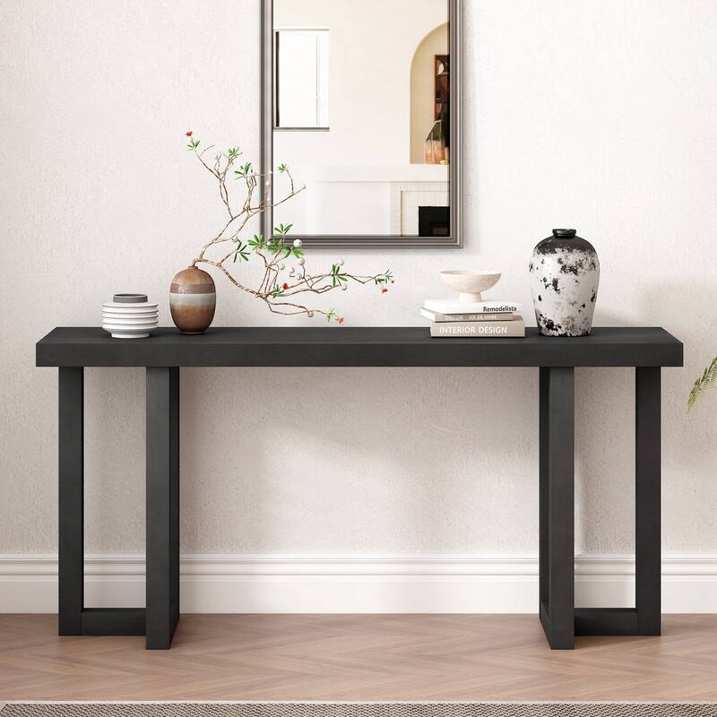 Design Console Table with Solid Pine Legs,Suitable for Entryway, Hallway, Living Room, Bedroom - Black