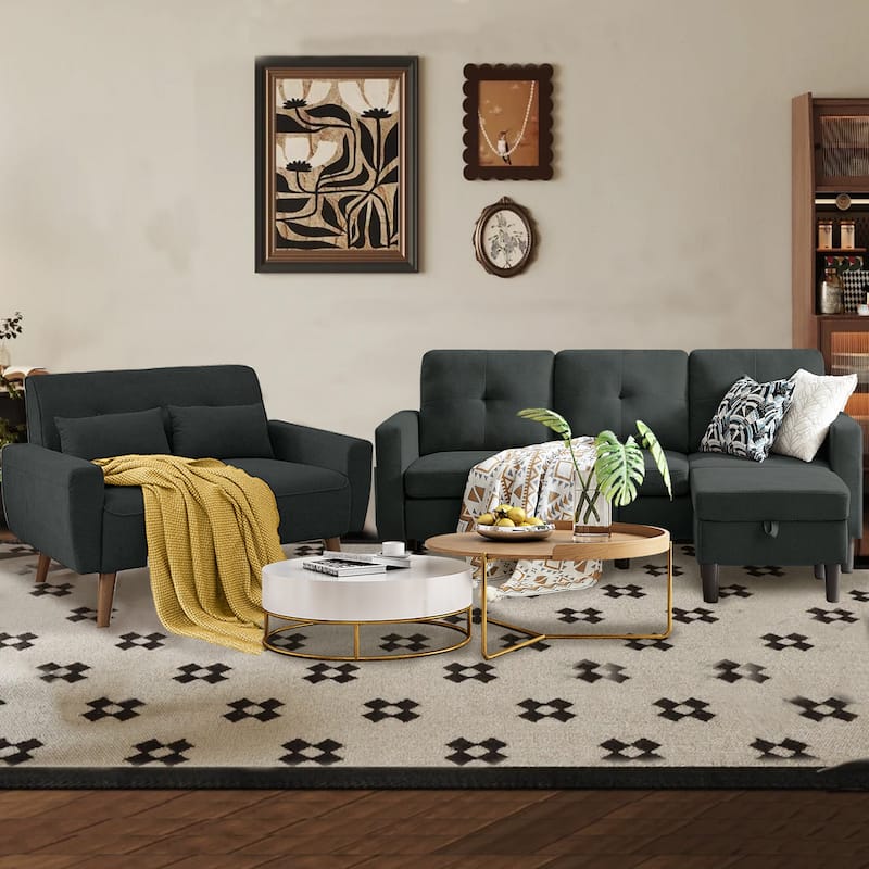 3 Pieces Living Room Set with Storage Ottoman - Black