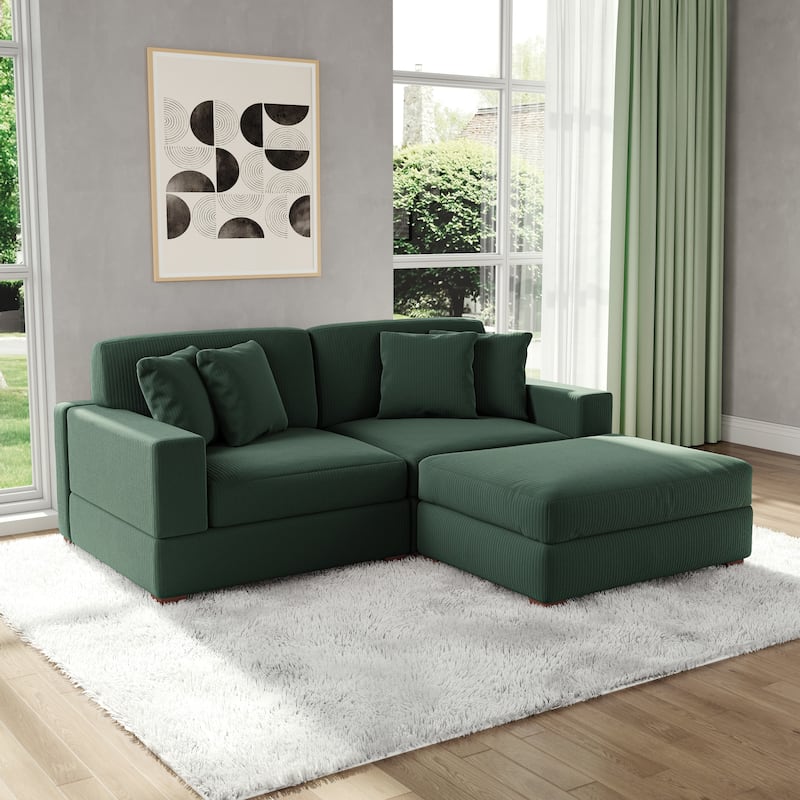 Modular Corduroy Sectional Sofa Set Chaise Couch with Ottoman