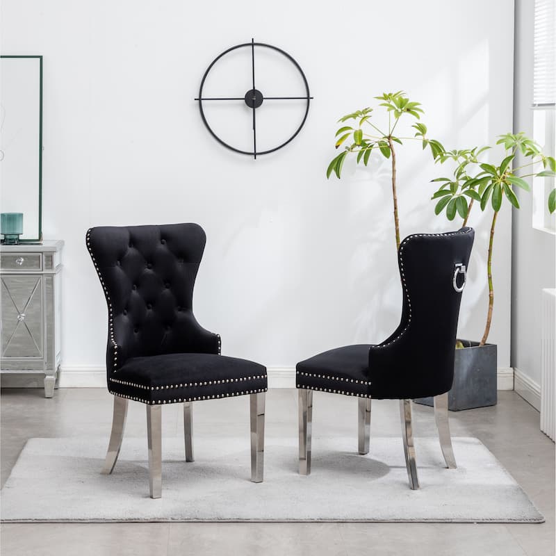 Tufted Velvet Dining Chairs, Nail Head Trim Chairs, Blue Kitchen Side Comfy Chairs, Banquet Club Guest Office Chairs Set of 2
