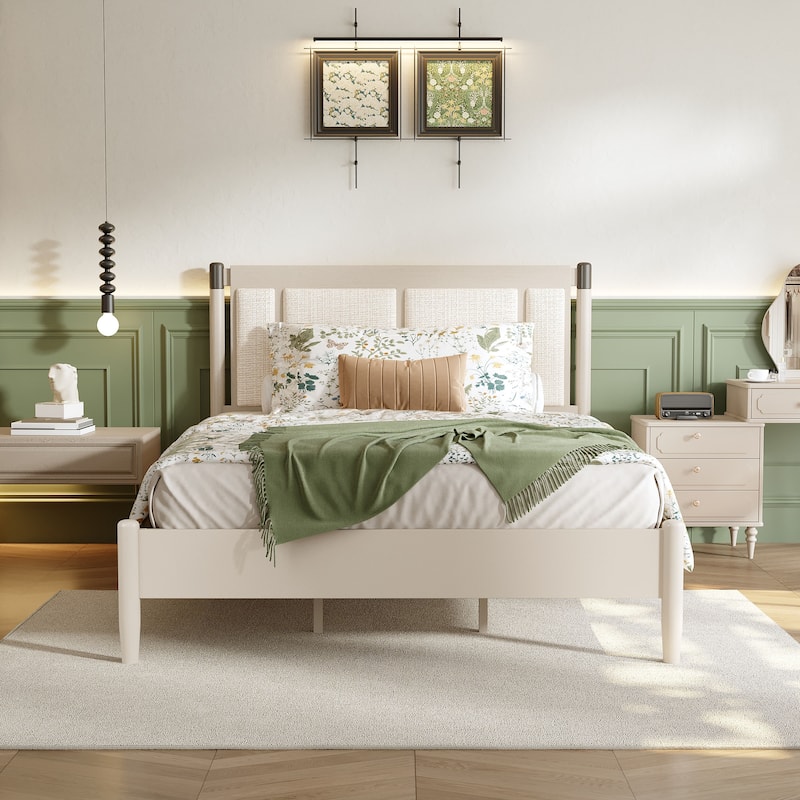 Solid Wood Platform Bed Frame, No Box Spring Needed, Upholstered Headboard Wingback Bed, Wood Slat Support - Grey Light Grey - Queen