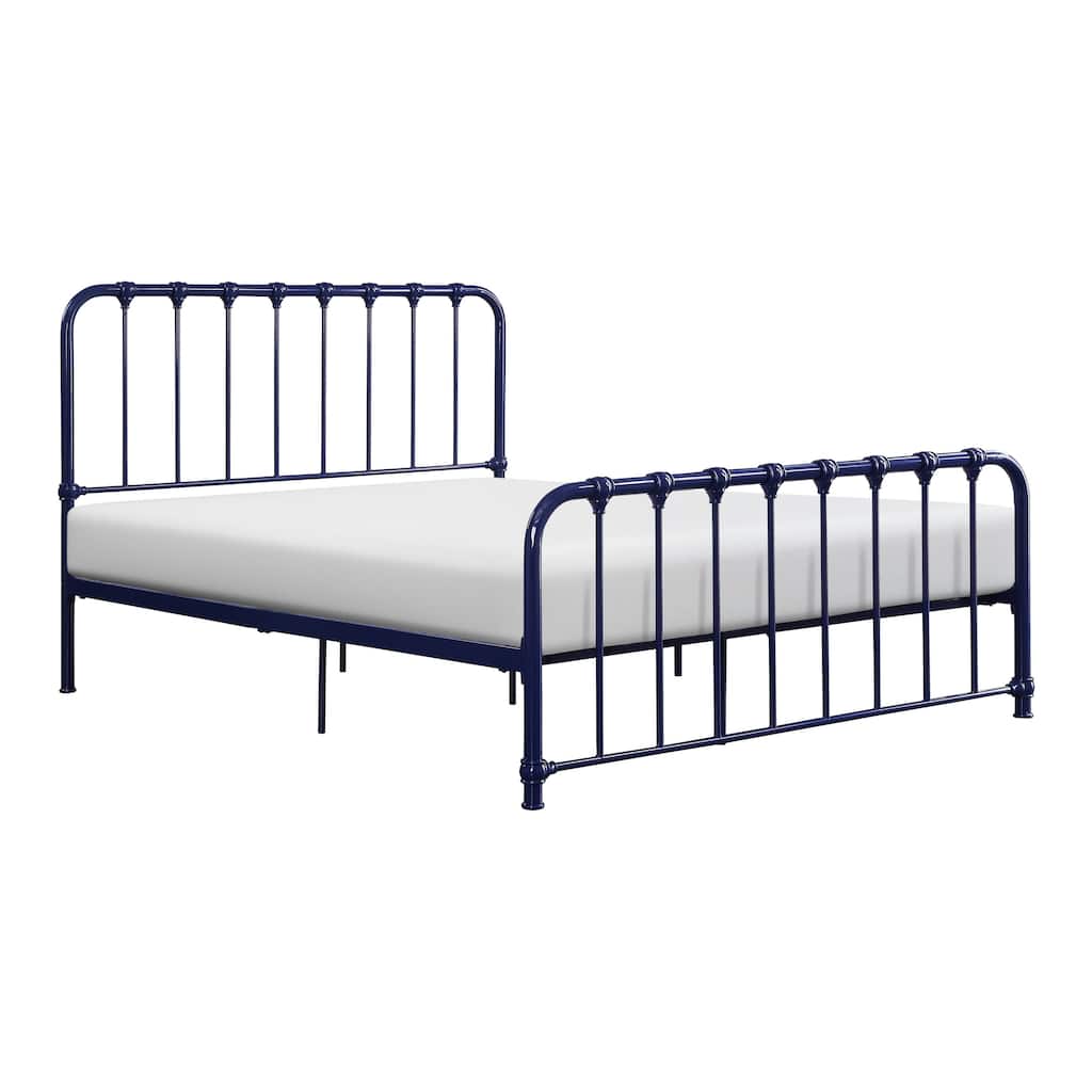 Ethan Full Size Metal Bed, Blue Spindle Design, Heavy Duty Slat Support