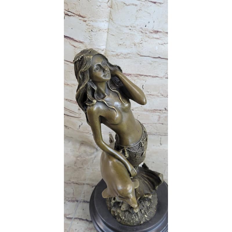 Mermaid And Imitative Dolphin Bronze Statue Sculpture Figure Original Art Marble Base 14 Inches X 9 Inches