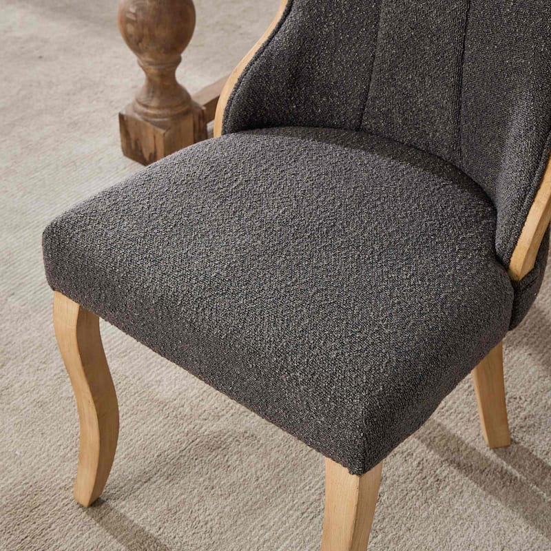 Mid-Century Style Snow Velvet Dining Chairs w/ Curved Wood Trim & Sculpted Legs Seating - Beige Set of 2