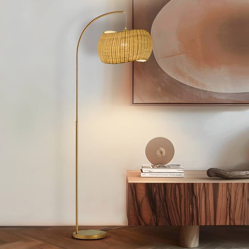 Brightech Wave 81 in. Mid-Century Modern LED Super Bright Floor Lamp with Beige Bamboo Drum Shade