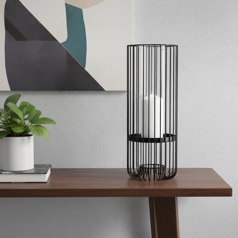 17" Black Abstract Metal And Glass Tabletop Hurricane Candle Holder - Black