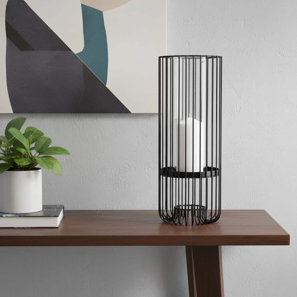 17" Black Abstract Metal And Glass Tabletop Hurricane Candle Holder