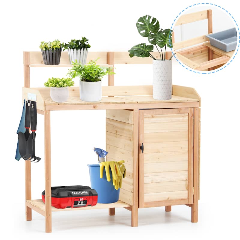 Anmytek Wooden Potting Bench Table with Sink and Storage Shelves Outdoor Garden Workstation for Patio - 42*17*43.5