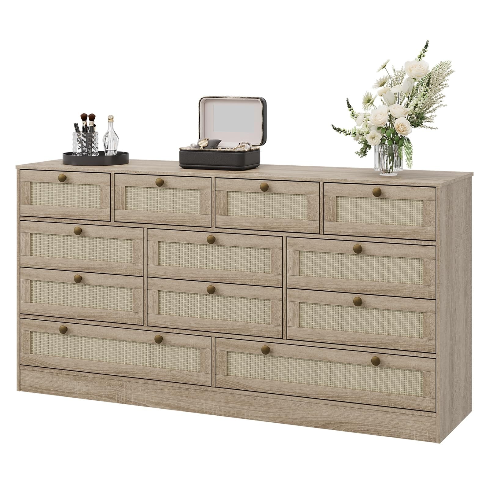 12 Drawer Wooden Dresser, 61" Wide Chest of Drawers, Modern TV Stand for 65" TV & Storage Organizer