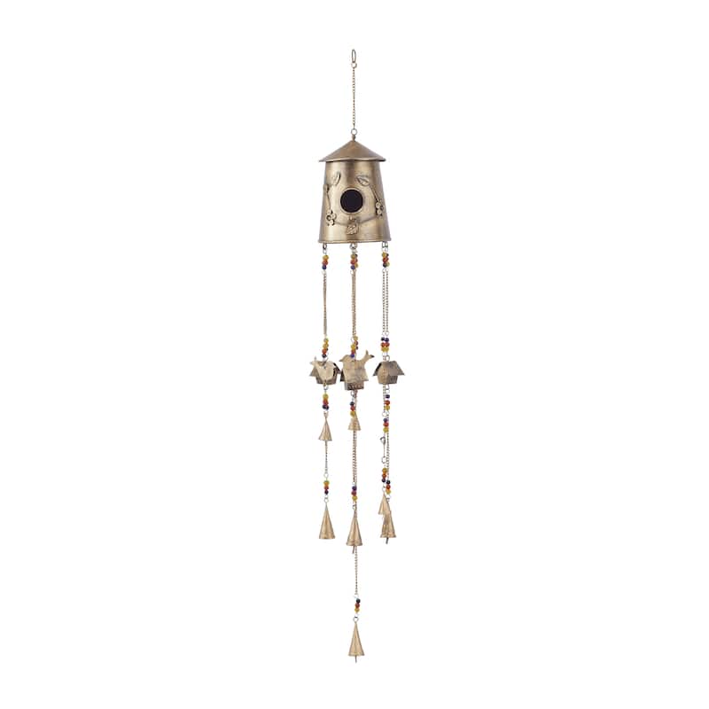 Bronze Metal Handmade Birdhouse Animal Indoor Outdoor Windchime with Glass Beads and Bells