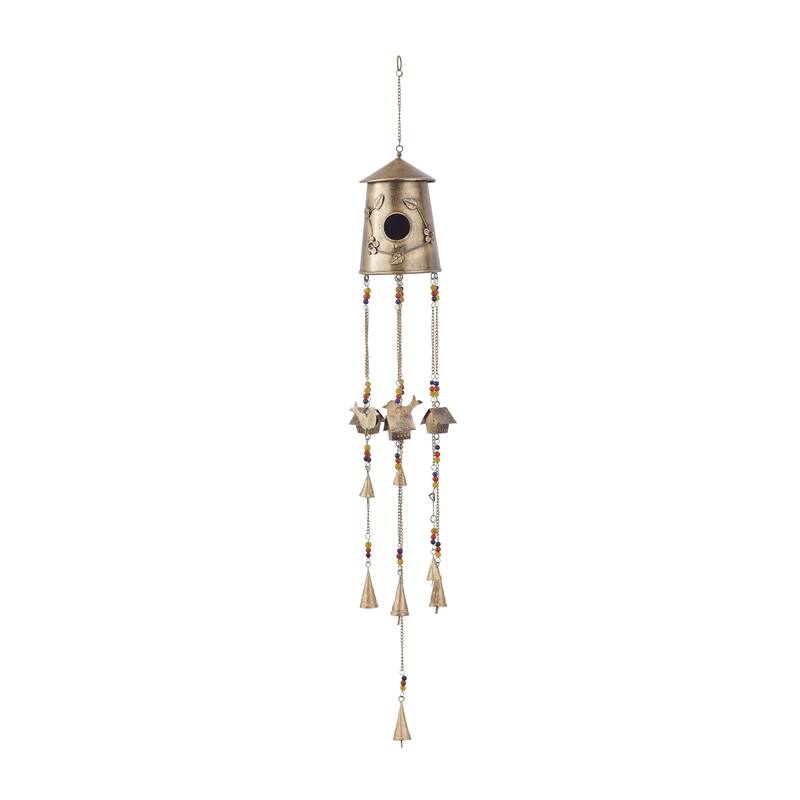 Metal Handmade Birdhouse Indoor Outdoor Windchime with Glass Beads and Bells - Bronze - Roche River Decor - Brown
