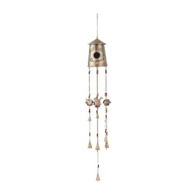 Metal Handmade Birdhouse Indoor Outdoor Windchime with Glass Beads and Bells - Bronze - Roche River Decor