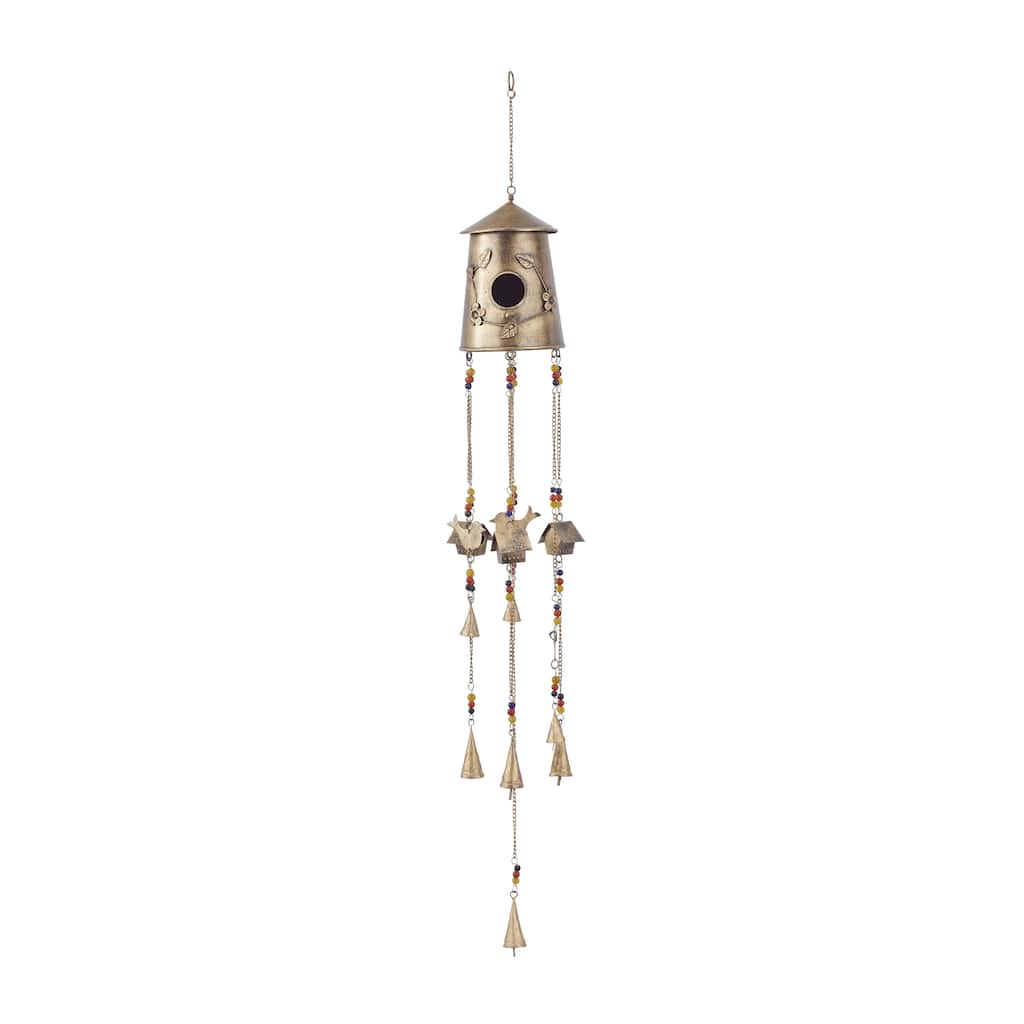 Metal Handmade Birdhouse Indoor Outdoor Windchime with Glass Beads and Bells - Bronze - Roche River Decor