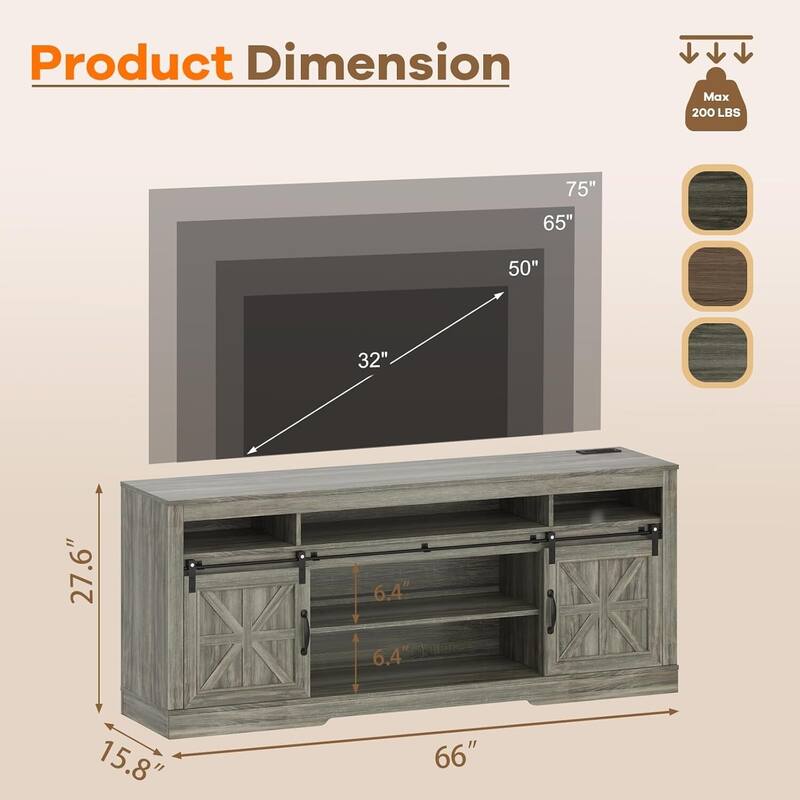 66" Farmhouse TV Stands, Entertainment Center with Open Storage, Power Outlets - N/A