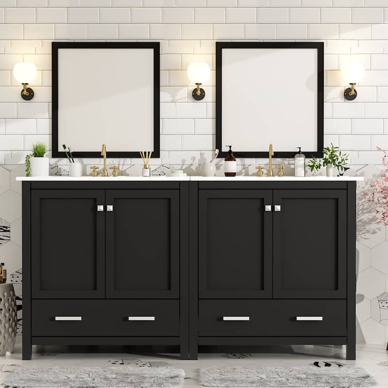 60" Bathroom Vanity Set with Double Freestanding Vanities, Double Ceramic Sinks, Door Organizers and Divided Drawers - Black