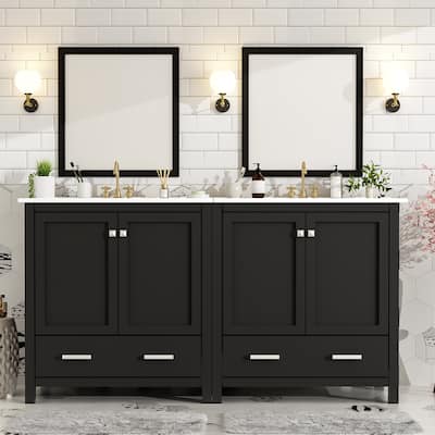 Roomfitters Modern 60" Double Bathroom Vanity Set with Ceramic Sinks, Storage Shelves and Divided Drawers