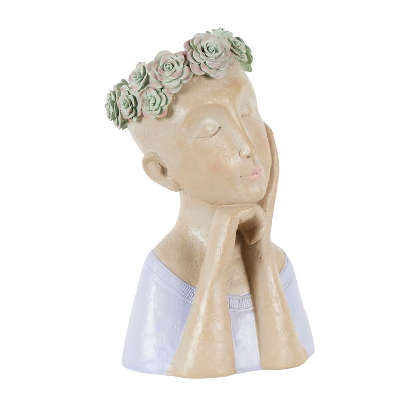 Beige Resin Bust Woman Planter with Succulent Crown and Top
