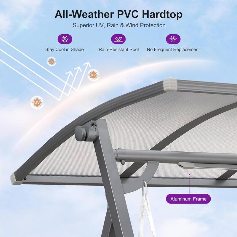 PURPLE LEAF 2-Person Patio Porch Swing with PVC Canopy, Solar LED Lights & Cushions - 2 Seat