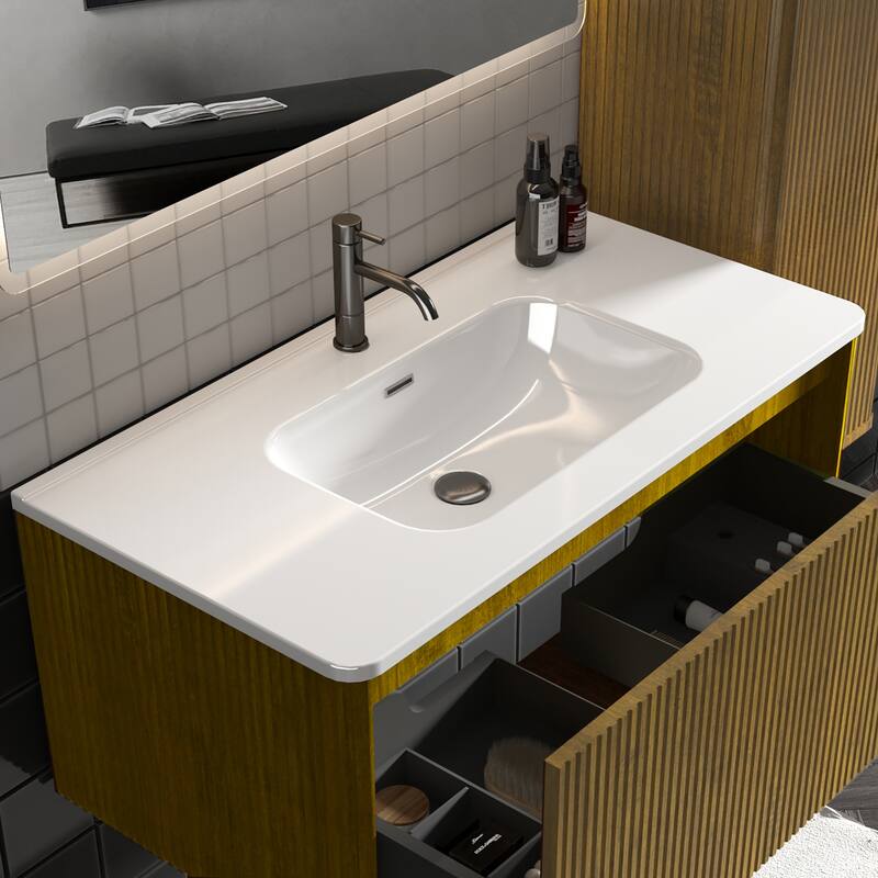 GDFStudio - Integrated Ceramic Basin for Bathroom Vanity, One-Piece Glossy Sink, Pre-Drilled without Drain Assembly - 36" - Gloss White