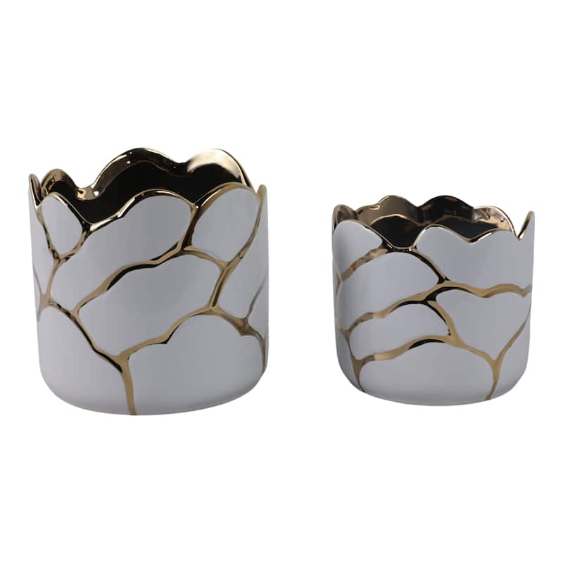 Ceramic Planters Wavy Rim Embossed Metallic Detailing (Set of 2) - 7" x 7" x 6.25" - White/ Gold